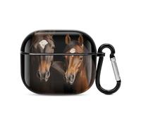 Custodia per auricolari Bluetooth con due cavalli in piedi su sfondo nero, protezione antiurto completa, custodia rigida, supporto ricarica wireless con portachiavi, regalo personalizzato per AirPods