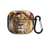 Custodia per auricolari Bluetooth con leone africano che indossa un fiore sulla testa, protezione integrale antiurto, custodia rigida, supporto ricarica wireless con portachiavi, regalo personalizzato