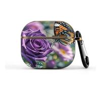 Custodia per auricolari wireless di terza generazione, con rosa viola con bella farfalla, ultra leggera, protezione completa con portachiavi, custodia protettiva rigida con LED frontale visibile
