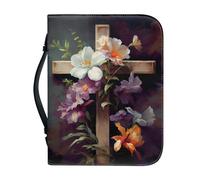 Custodia per Bibbia Vodetik per ragazze e donne, in pelle impermeabile con maniglia con zip, borsa per libri della chiesa, croce, versetto, motivo floreale, 8.5x5.9x1.4 inches