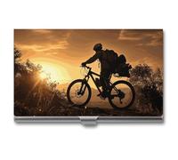 Custodia per biglietti da visita con mountain bike in the Evening per donne o uomini, chiusura a scatto, porta nome, porta carte di credito, per riunioni di lavoro