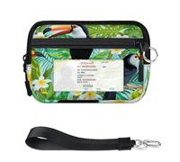 Custodia per carte di credito con stampa di tucano con fiore tropicale, per donne e uomini, con finestra d'identità, portafoglio con uccellino, portatile, leggero, piccole borse con cerniera