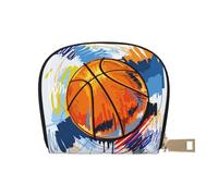Custodia per carte di credito, motivo pallacanestro, colorato, con cerniera, per donne/uomini, in pelle PU, porta carte di credito, Pallacanestro colorato schizzo divertimento, Taglia unica