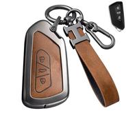 Custodia per chiave auto compatibile con VW Volkswagen Golf 8, ID3, ID4, GTI, GTE, Seat Leon MK4, Tarraco, Ateca, Skoda Octavia, 3 pulsanti, in lega, con portachiavi in pelle