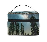 Custodia per il trucco da viaggio portatile con stampa cielo notturno con alberi, versatile borsa per il trucco con cerniera, grande capacità