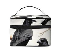 Custodia per il trucco da viaggio portatile con stampa di uccelli su un ramo con corvo nero, versatile borsa per il trucco con cerniera, grande capacità