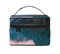 Custodia per il trucco da viaggio portatile con stampa lago e tramonto, versatile borsa per il trucco con cerniera, grande capacità