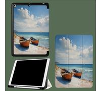 Custodia per iPad 10,9 Pollici 2022 con Supporto A Tre Ante con Portapenne,Spegnimento Automatico/Accensione,Retro in Morbido TPU Spiaggia Barca Legno Dipinto Ad Olio Paesaggio Marino-Blu