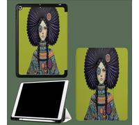 Custodia per iPad 10,9 Pollici 2022 con Supporto A Tre Ante con Portapenne, Spegnimento Automatico/Accensione,Retro in Morbido TPU Geometria Donna Fiori Etnia Ritratto-Verde Oliva