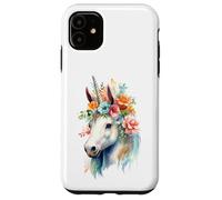 Custodia per iPhone 11 Acquarello etereo Unicorno Floreale Testa Fantasy Art