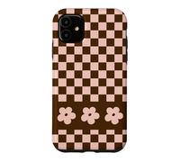 Custodia per iPhone 11 Aesthetic Checker Retro Groovy Flowers in Beige and Brown