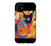 Custodia per iPhone 11 Arte Di Gatto Nero Curioso E Pesciolino Rosso