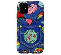 Custodia per iPhone 11 Blue Denim Patch Pattern Bad Luck Babe 90s Design Estetico