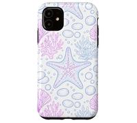 Custodia per iPhone 11 Blue Pink Starfish Shell Coral Ocean Life and Beach Pattern
