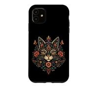 Custodia per iPhone 11 Cat Mom Floral Folk Art Amante dei gatti Boho Feline
