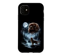 Custodia per iPhone 11 Cavalier King Charles Spaniel Ululando alla Luna Retro anni '90