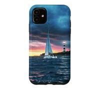 Custodia per iPhone 11 Coastal Lighthouse Sailboat Ocean Sunset Scenic Artwork