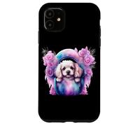 Custodia per iPhone 11 Composizione di rose con adorabile abbigliamento per cuccioli di Spaniel bianco