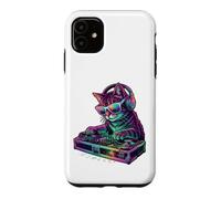 Custodia per iPhone 11 Cool DJ Cat Cuffie Synthwave EDM Music Lover Graphic
