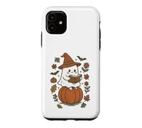 Custodia per iPhone 11 Cozy Fall Ghost Reading on Pumpkin Retro Halloween Vibes