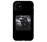 Custodia per iPhone 11 Divertente gatto selfie con UFO Black Cat Amante alieno UFO credente