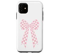 Custodia per iPhone 11 Fiocco carino rosa chiaro bianco a scacchi Coquette nastro