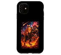 Custodia per iPhone 11 Funny Coffee Orange Cat Riding T-Rex in Cosmic Galaxy UFO