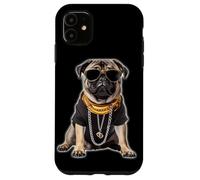 Custodia per iPhone 11 Gangster Pug Hip Hop Cane con occhiali da sole e catena d'oro