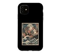 Custodia per iPhone 11 Gatto vs T-Rex giapponese Ukiyo-e Kaiju Monster Art