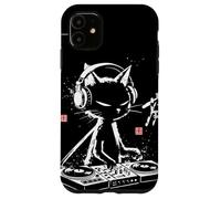 Custodia per iPhone 11 Giradischi in vinile vintage calligrafico DJ Cat arte giapponese