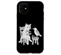 Custodia per iPhone 11 Grafico circolare vintage con incisione di gatto corvo caffè tè amici