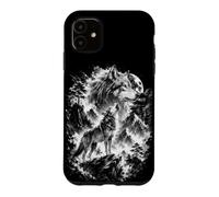 Custodia per iPhone 11 Lupo urlante con luna Stile di caratteri artistici Nero Bianco