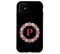Custodia per iPhone 11 Monogramma della corona di fiori margherita rosa e bianca lettera P