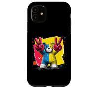 Custodia per iPhone 11 Orsacchiotto con scritta "Double Peace Graffiti" Pop Graphic Art Sign Animal