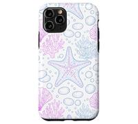 Custodia per iPhone 11 Pro Blue Pink Starfish Shell Coral Ocean Life and Beach Pattern