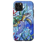 Custodia per iPhone 11 Pro Blue Sea Turtle in Corals Mosaic Art Ocean Theme