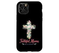 Custodia per iPhone 11 Pro Christian - Croce floreale pasquale con scritta "Faithful Mama He Is Risen"