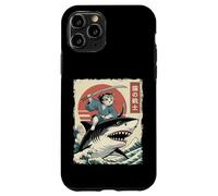 Custodia per iPhone 11 Pro Divertente gatto che cavalca lo squalo giapponese Ukiyo-e Art Samurai Cat