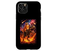 Custodia per iPhone 11 Pro Funny Coffee Orange Cat Riding T-Rex in Cosmic Galaxy UFO