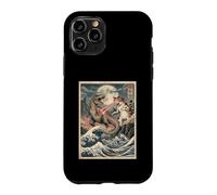Custodia per iPhone 11 Pro Gatto vs T-Rex giapponese Ukiyo-e Kaiju Monster Art