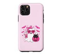 Custodia per iPhone 11 Pro Halloween Ghost Pink Bow Holding Ice Coffee con Kitty cat