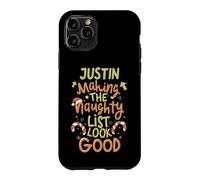 Custodia per iPhone 11 Pro Justin Naughty List Divertente Natale Nome Justin Personalizzato