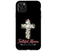 Custodia per iPhone 11 Pro Max Christian - Croce floreale pasquale con scritta "Faithful Mama He Is Risen"