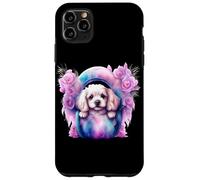 Custodia per iPhone 11 Pro Max Composizione di rose con adorabile abbigliamento per cuccioli di Spaniel bianco