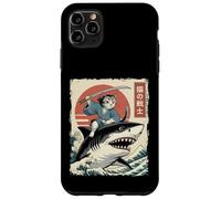 Custodia per iPhone 11 Pro Max Divertente gatto che cavalca lo squalo giapponese Ukiyo-e Art Samurai Cat
