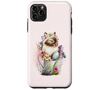 Custodia per iPhone 11 Pro Max Happy Easter Cat Easter Tea Cup Coffee Cat Siamese Floral