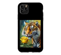 Custodia per iPhone 11 Pro Max Tiger Sniffing a Yellow Rose Illustration Graphic Design