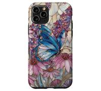 Custodia per iPhone 11 Pro Stained Glass Inspired Butterflies Purple and Blue Floral Ar