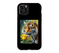 Custodia per iPhone 11 Pro Tiger Sniffing a Yellow Rose Illustration Graphic Design
