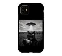 Custodia per iPhone 11 Scared Black Cat UFO Selfie Console di gioco Meme divertente
